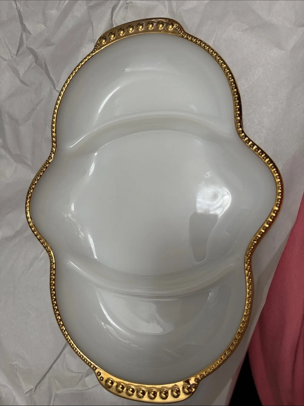 Fire King White Divided Serving Dish with Gold Beaded Rim